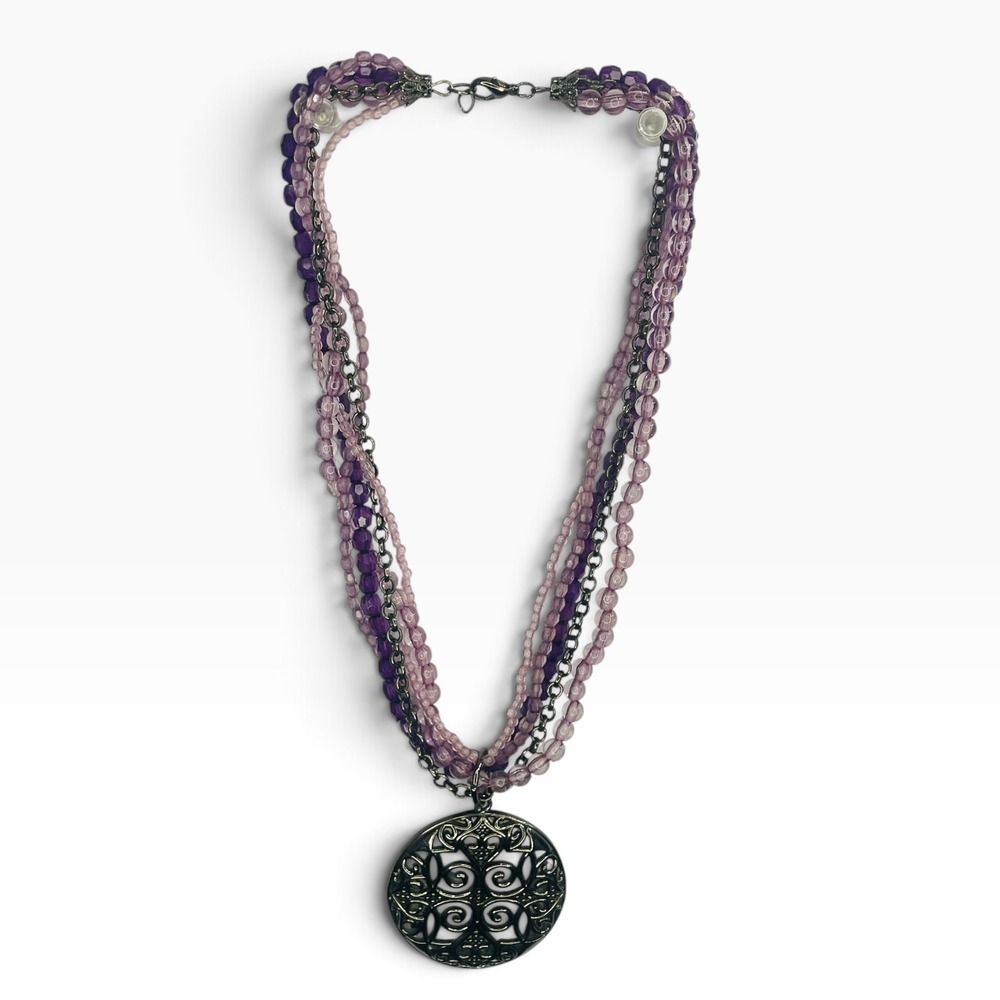 Purple Multi Strand Beaded Filigree Pendant Necklace Gunmetal Tone Boho